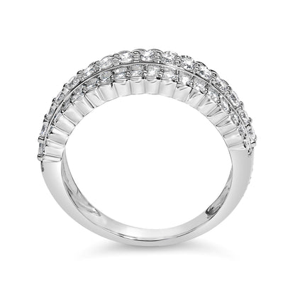 Close-up front angle of a white metal ring featuring two rows of round white gemstones in prong settings along the top. The ring is shown on a white background.