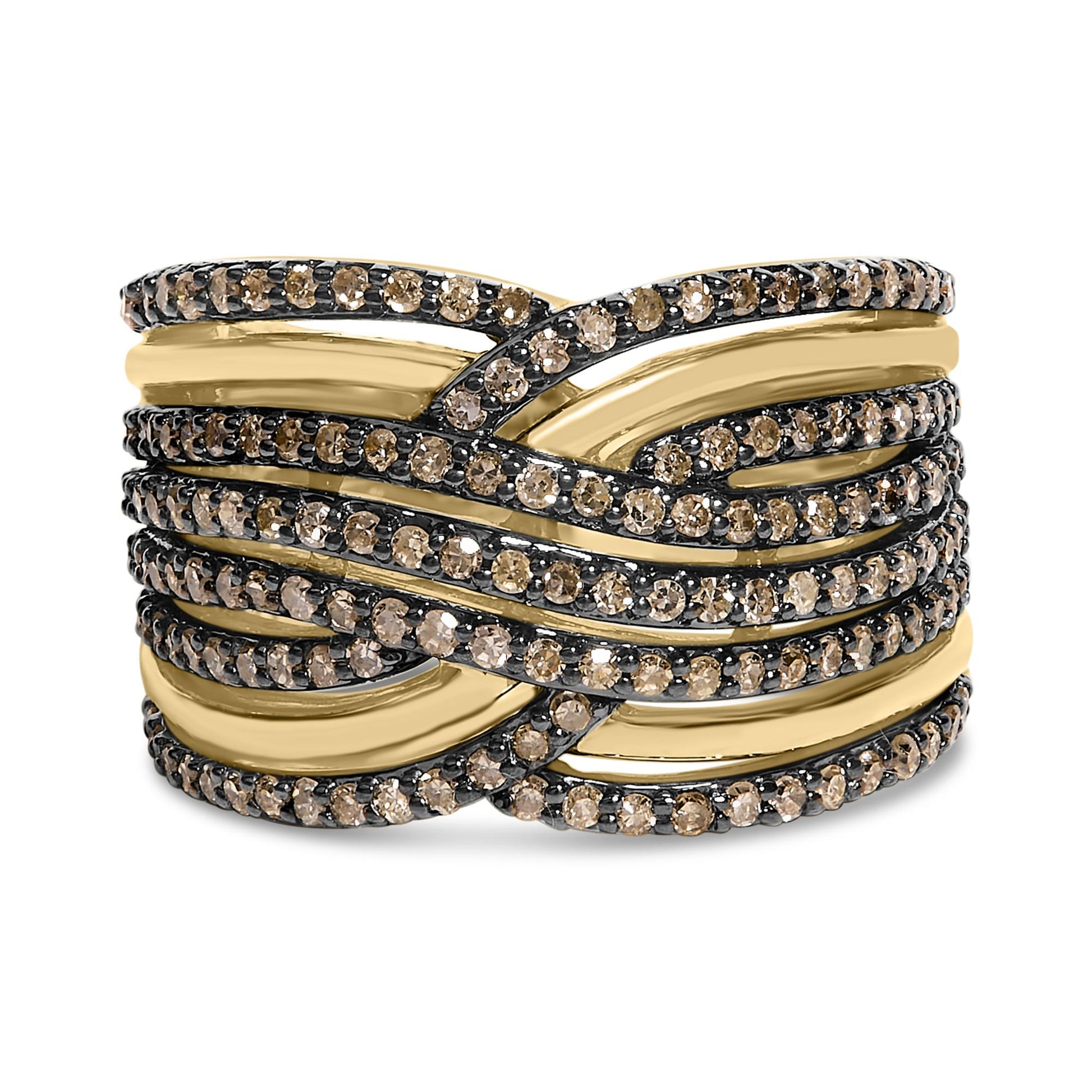 Front facing close-up of a yellow metal wide band ring with multiple intertwined strands set with round prong-set champagne-colored gemstones.
