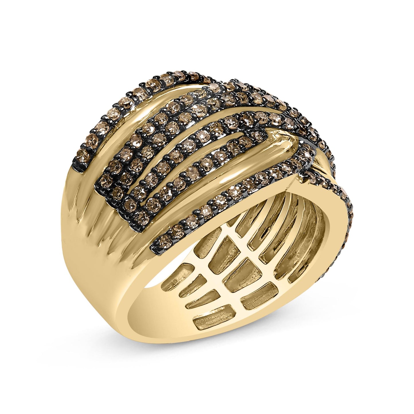 Yellow metal ring with multiple rows of round champagne-colored gemstones in prong settings, shown at an angled top view.