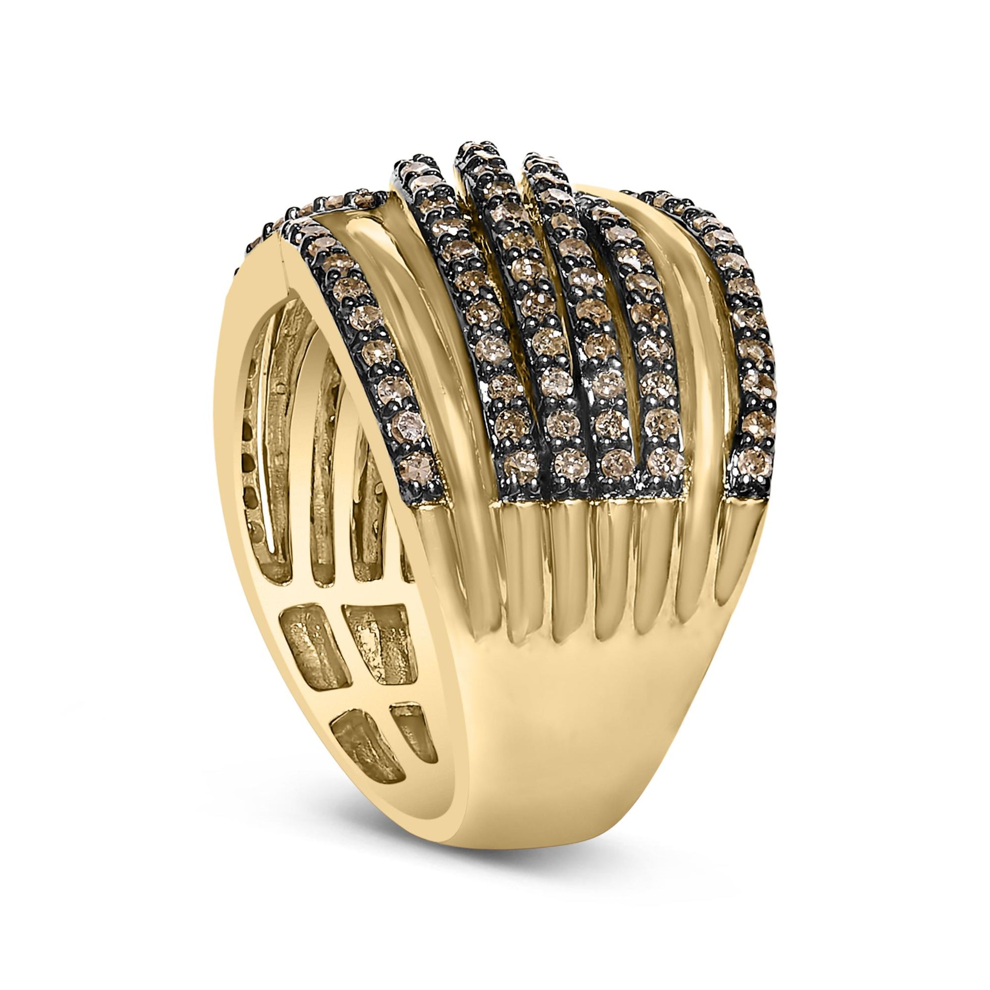 Close-up angled view of a yellow metal ring with multiple curved rows set with round champagne-colored gemstones in prong settings.