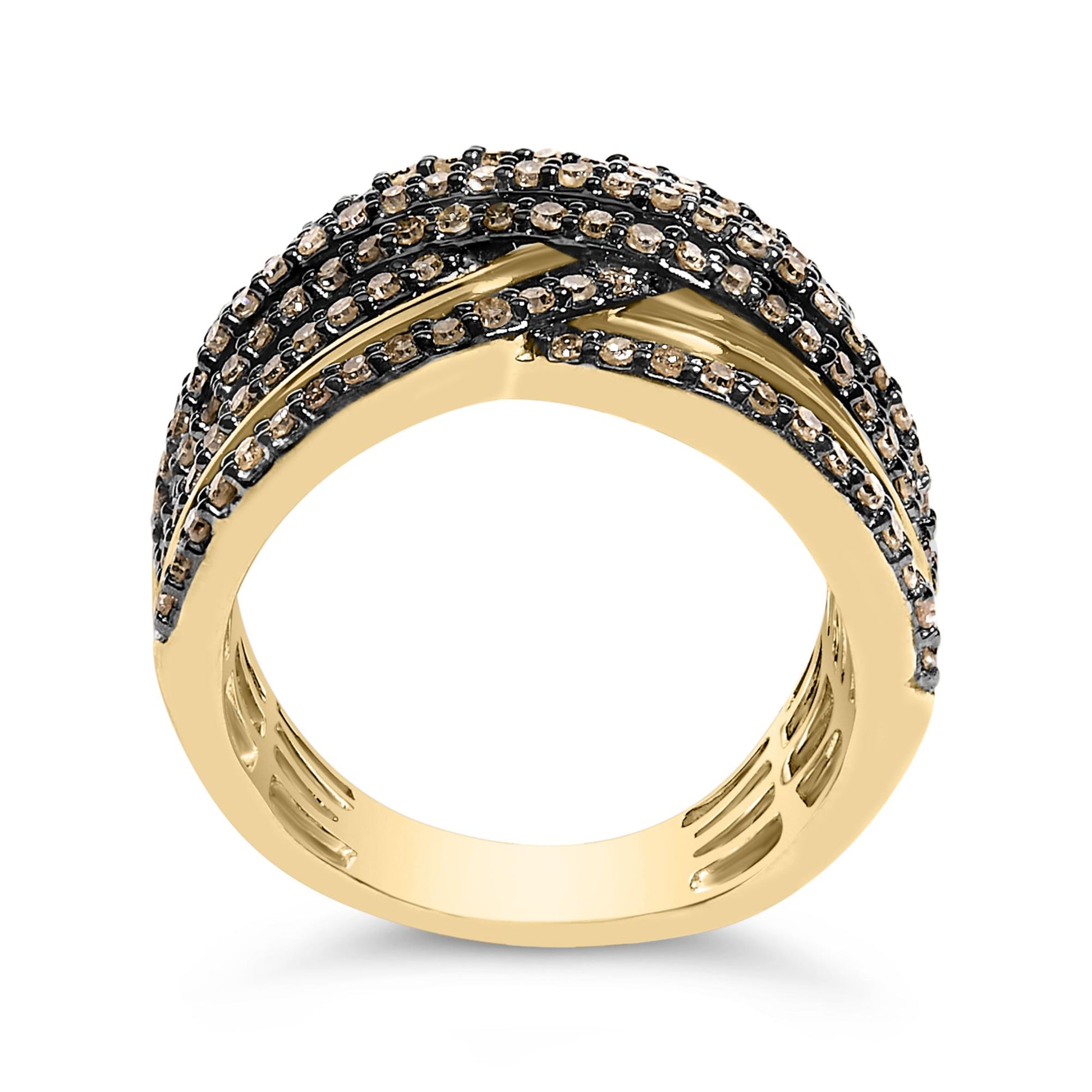 Close-up front angle view of a yellow metal ring featuring multiple rows of round champagne-colored gemstones set in prong settings that cross over each other.