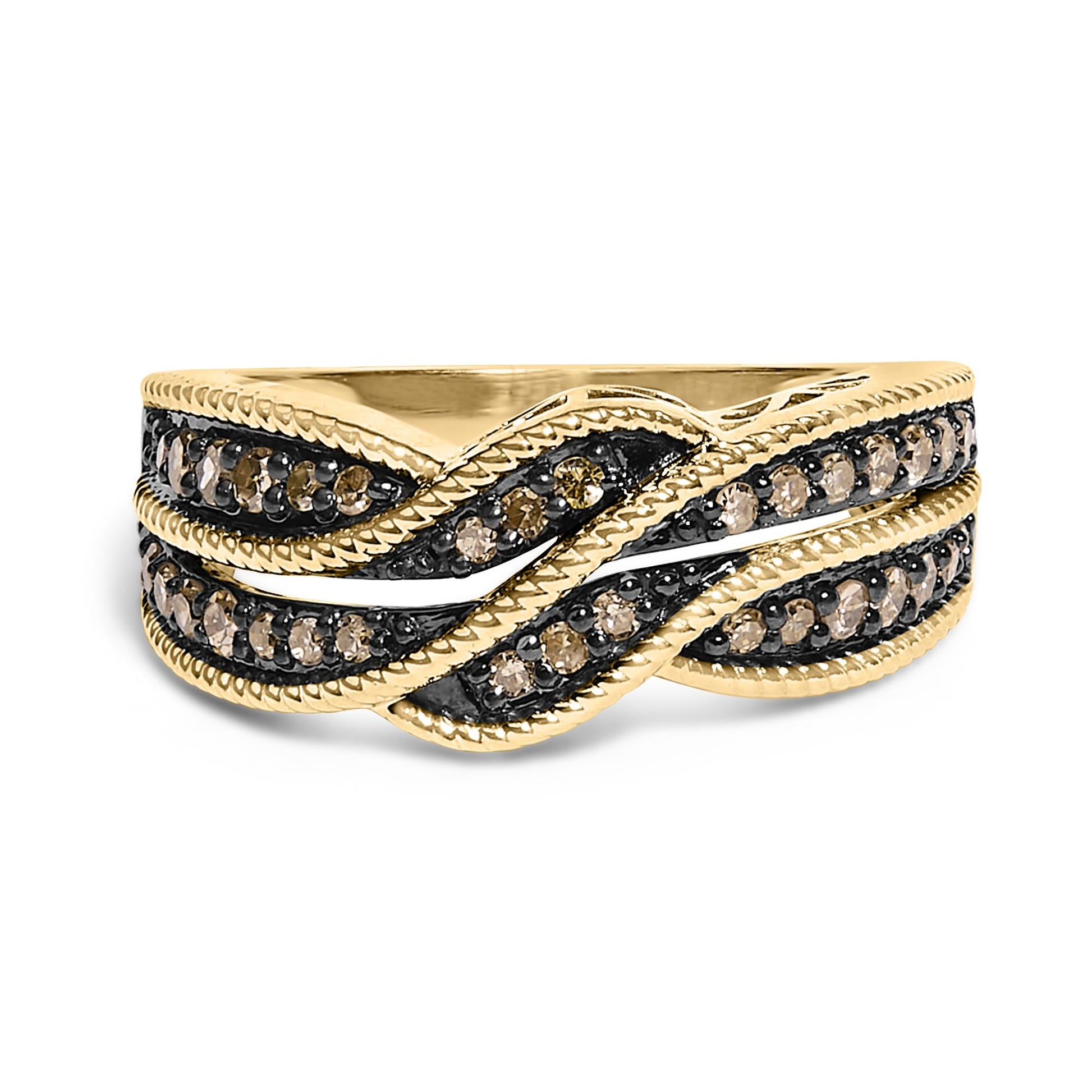 Close-up front view of a yellow metal ring featuring an intertwined design with two rows of prong-set round champagne-colored gemstones on black accents.