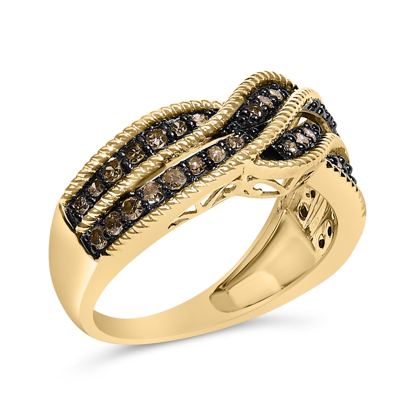 Yellow ring with two curved rows of champagne-colored round gemstones in prong settings, shown from a side angle.
