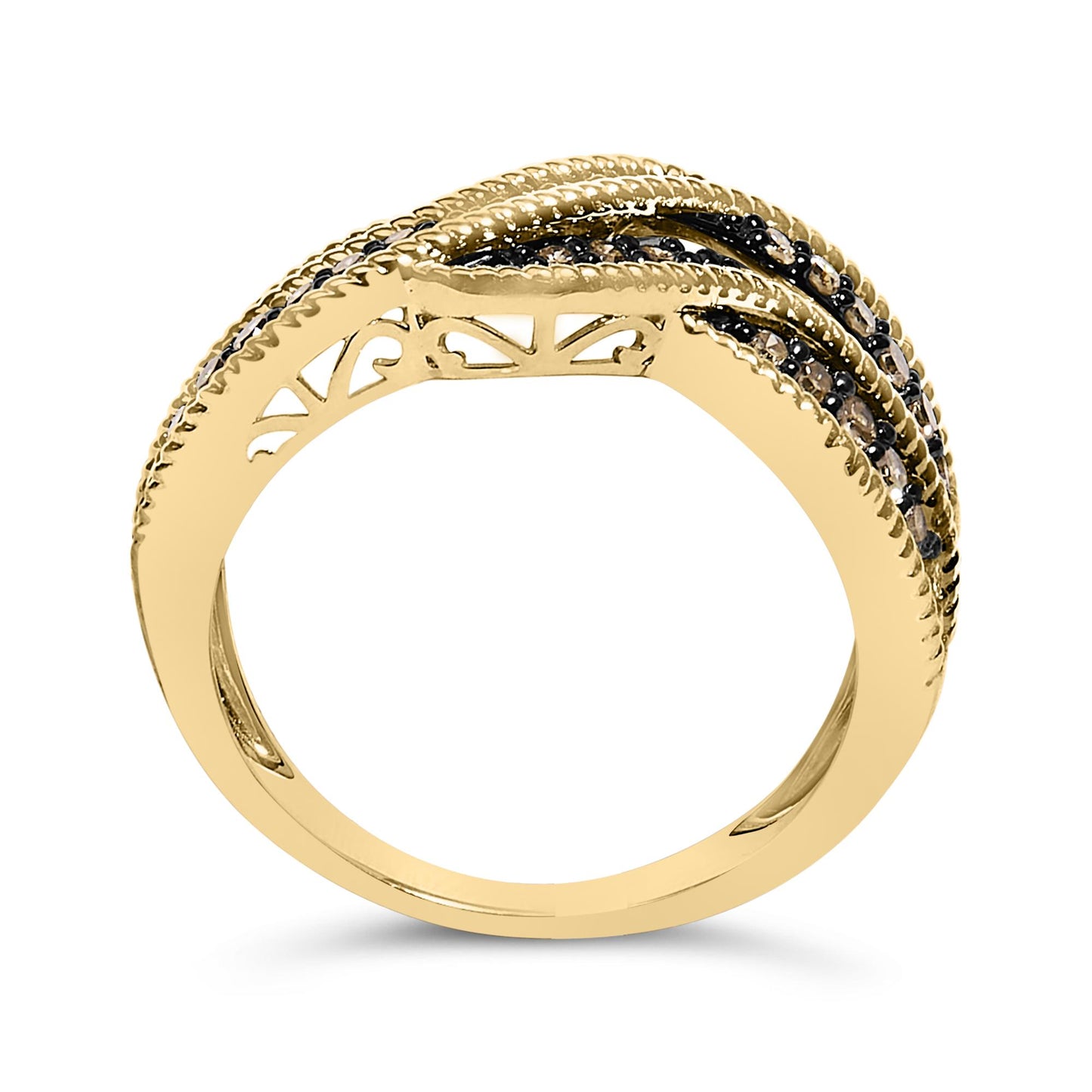 Yellow metal ring with a crossover design, featuring two rows of round champagne-colored gemstones in prong settings, shown at a side angle on a white background.