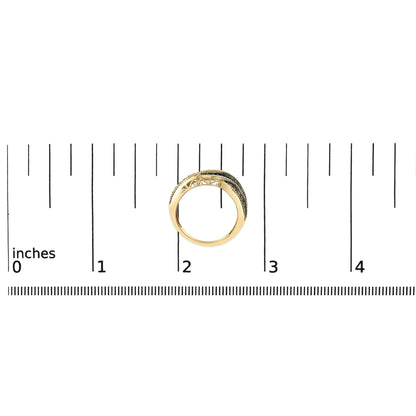 Ring with yellow metal band and multiple rows of round champagne-colored gemstones in prong settings, shown from the side angle on a ruler scale.
