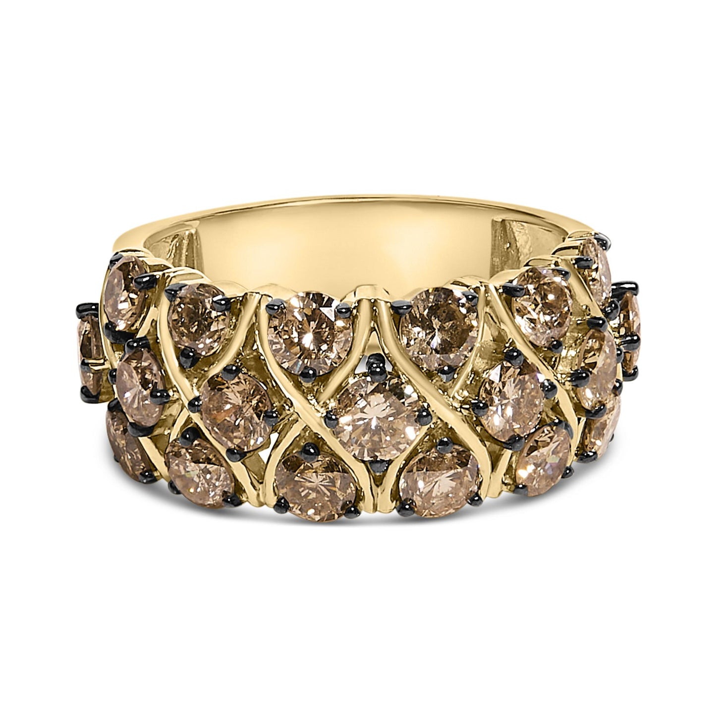 Close-up front angled view of a yellow metal ring featuring multiple round champagne-colored gemstones in prong settings arranged in a lattice pattern.