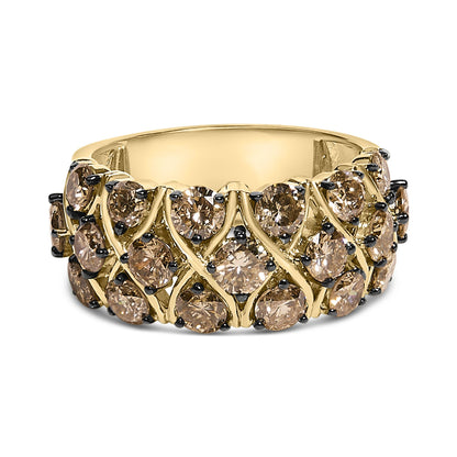 Close-up front angled view of a yellow metal ring featuring multiple round champagne-colored gemstones in prong settings arranged in a lattice pattern.
