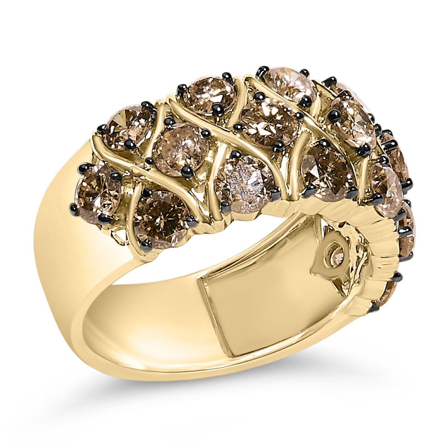 Close-up angled view of a yellow ring featuring two rows of round champagne-colored gemstones in prong settings.