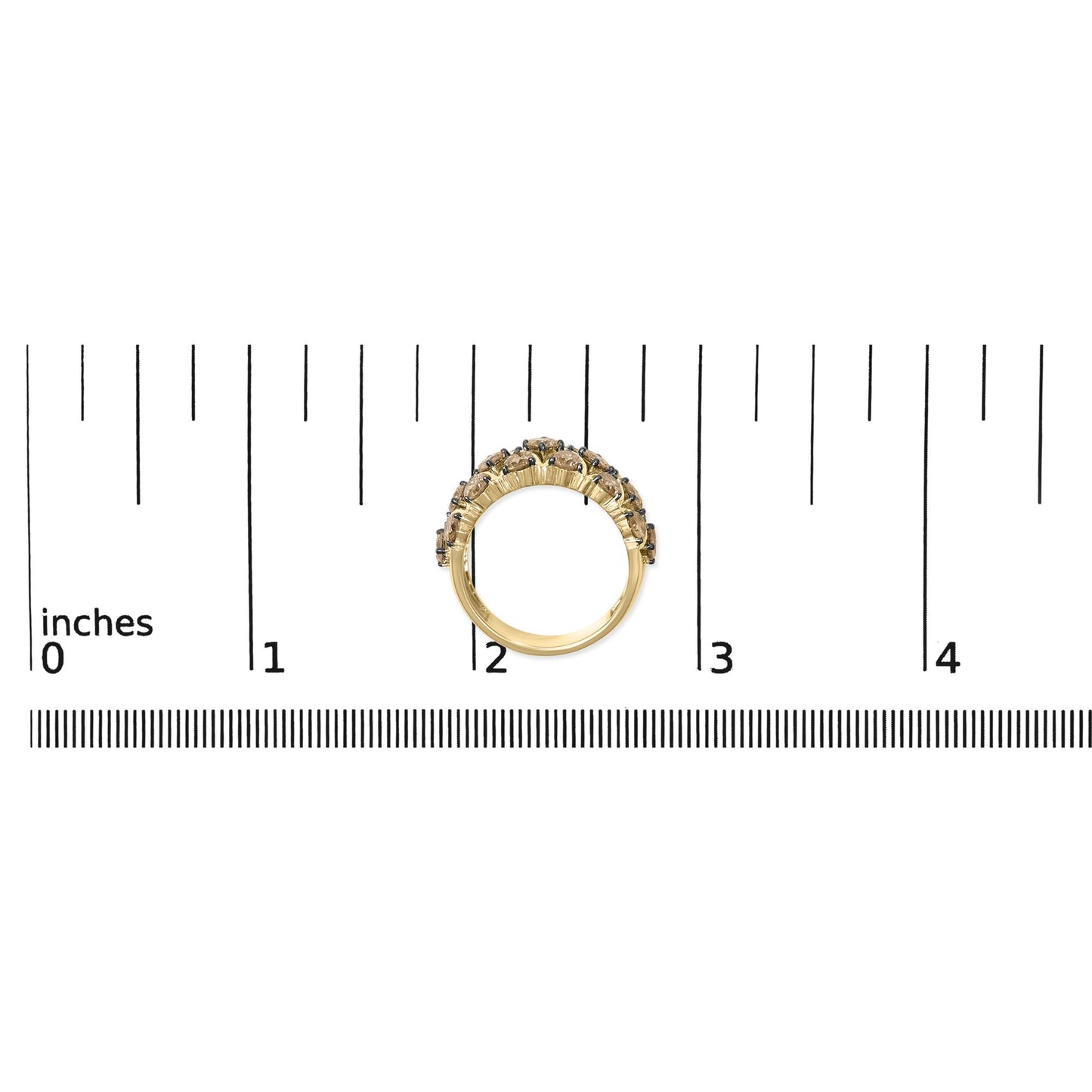 Yellow metal ring with two rows of round champagne-colored gemstones in prong settings, shown from the side on a scale.