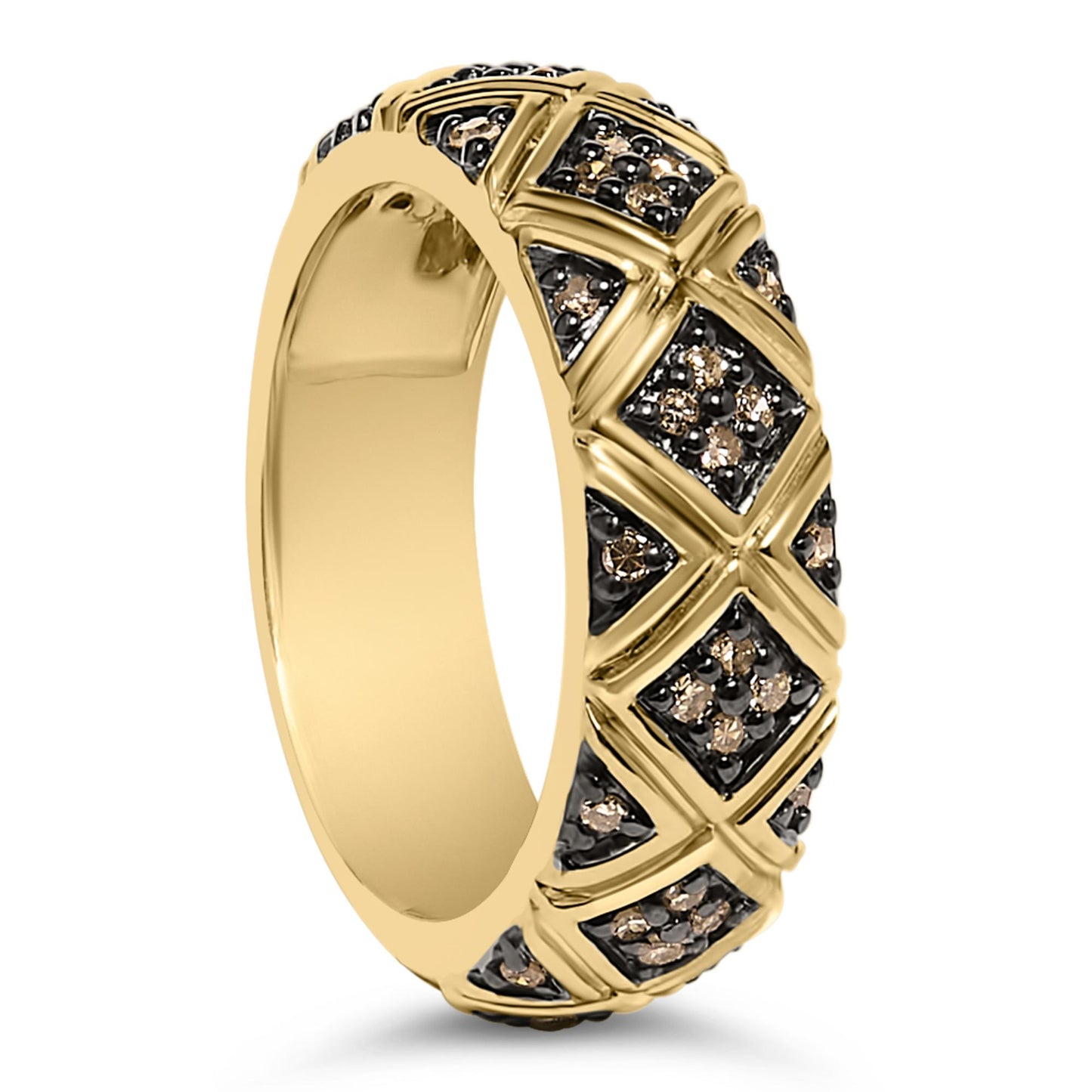 Yellow metal ring with crisscross design featuring clusters of round champagne-colored gemstones in prong settings, shown in a close-up angled view.