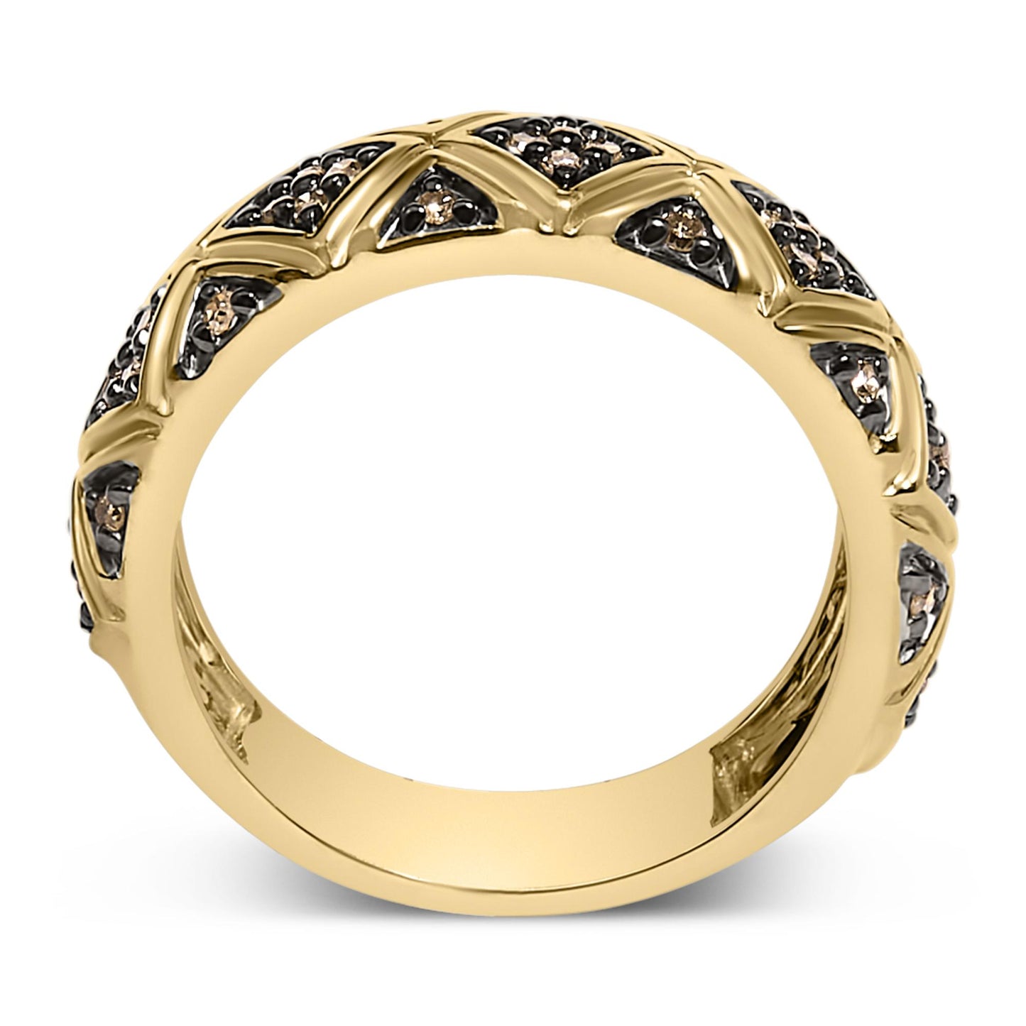 Yellow metal ring with round champagne-colored gemstones set in prong settings in a crisscross pattern, shown from a front angle.