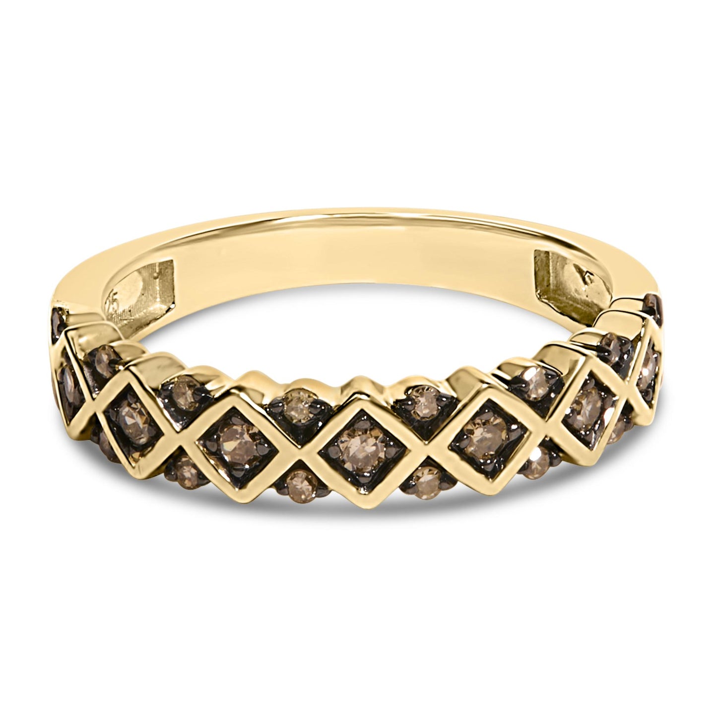 Close-up front angled view of a yellow ring featuring champagne-colored round gemstones in prong settings, arranged in a geometric pattern along the band.
