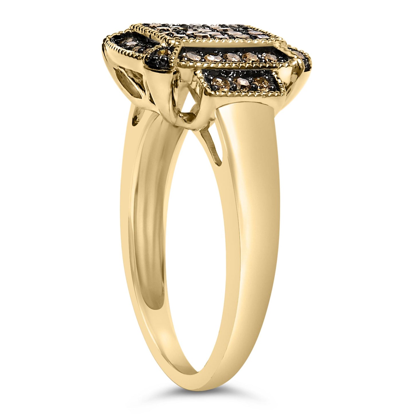 Side view of a yellow metal ring with a raised rectangular cluster of champagne-colored round gemstones in prong settings.