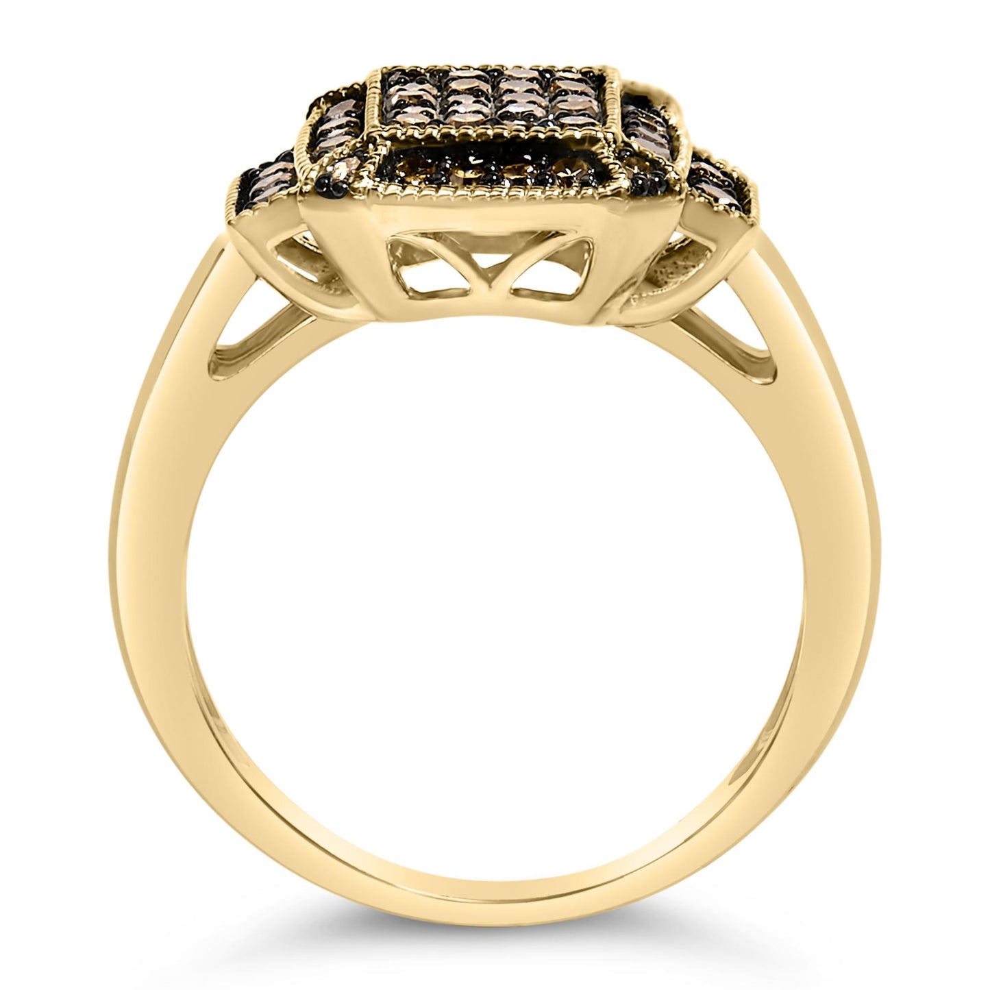 Yellow metal ring shown from a side angle with a raised square cluster top featuring multiple round champagne-colored gemstones in prong settings.