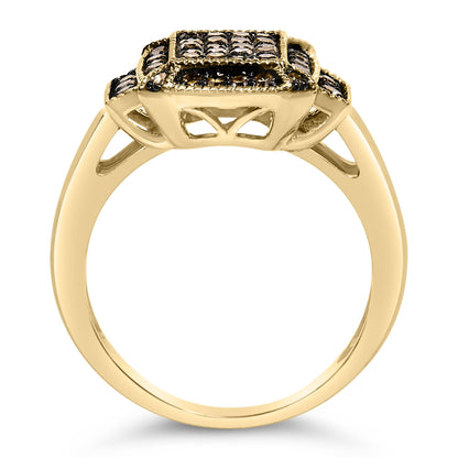Yellow metal ring shown from a side angle with a raised square cluster top featuring multiple round champagne-colored gemstones in prong settings.