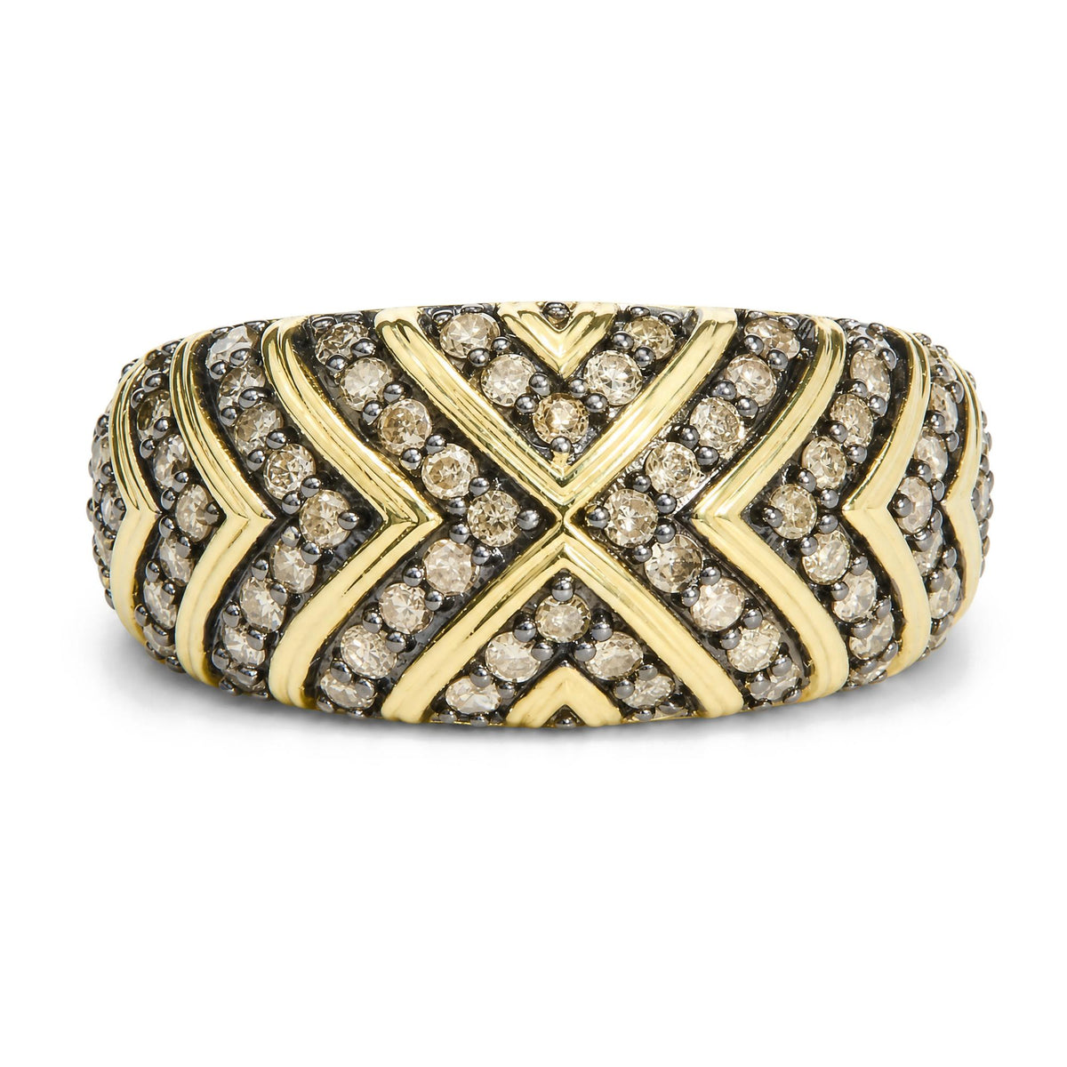 Close-up front angle of a yellow ring featuring an intricate pattern of crisscrossing bands adorned with multiple round, champagne-colored gemstones in prong settings.