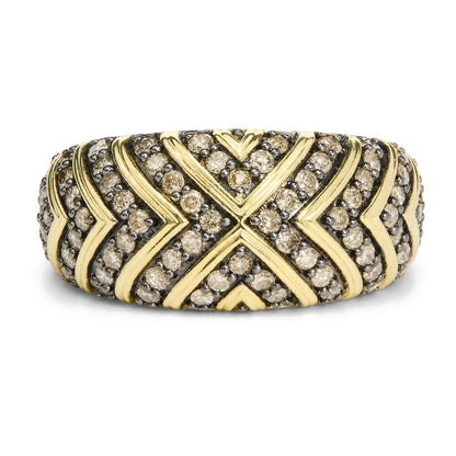 Close-up front angle of a yellow ring featuring an intricate pattern of crisscrossing bands adorned with multiple round, champagne-colored gemstones in prong settings.