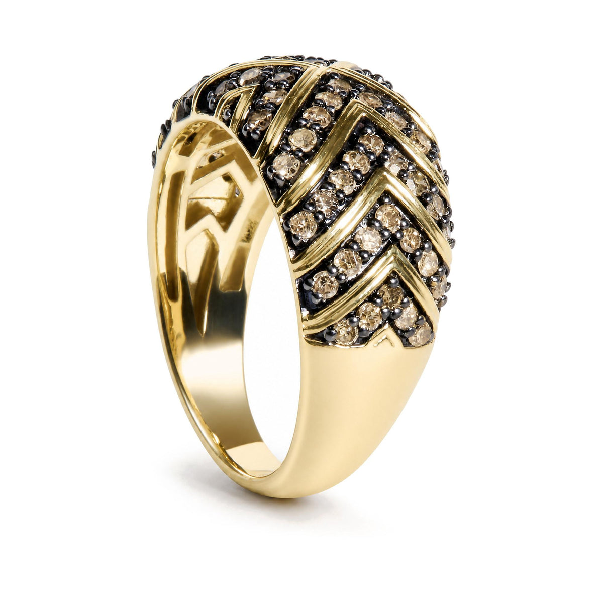 Close-up front angle of a yellow metal ring featuring multiple rows of round champagne-colored gemstones in prong settings arranged in a chevron pattern.
