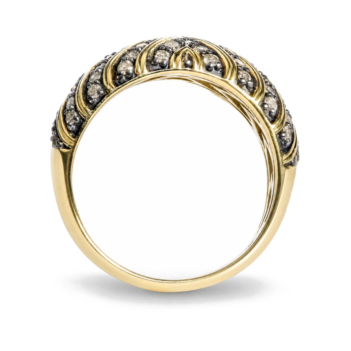 Close-up front angle of a yellow metal ring featuring rows of round champagne-colored gemstones in prong settings, with a scalloped design along the top edge.