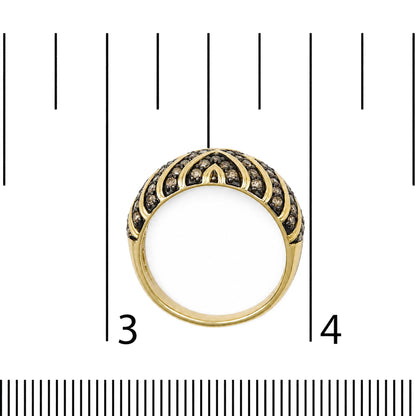 Yellow ring with round prong-set champagne-colored gemstones arranged in three rows forming a decorative pattern, shown from the front on a scale.