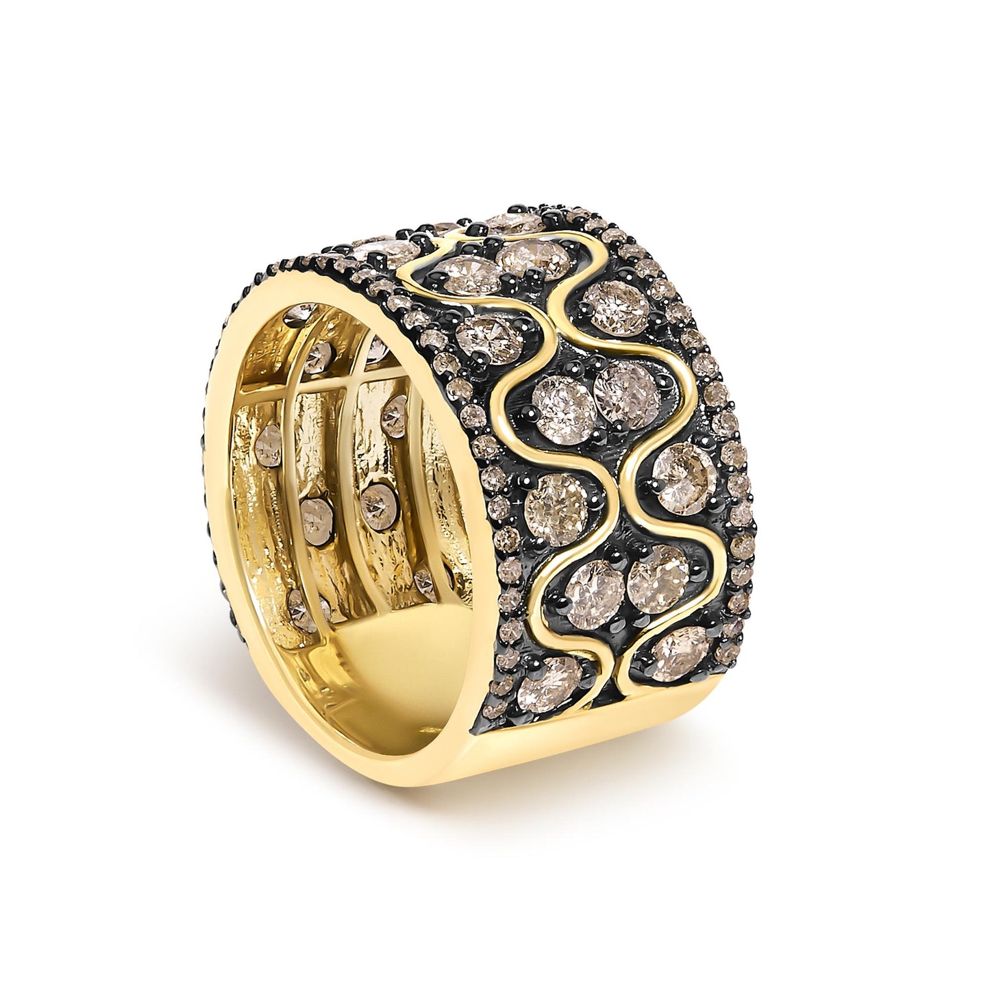 Close-up front angle of a yellow wide band ring featuring round champagne-colored gemstones in prong settings, arranged with a wavy gold pattern over a textured black background.
