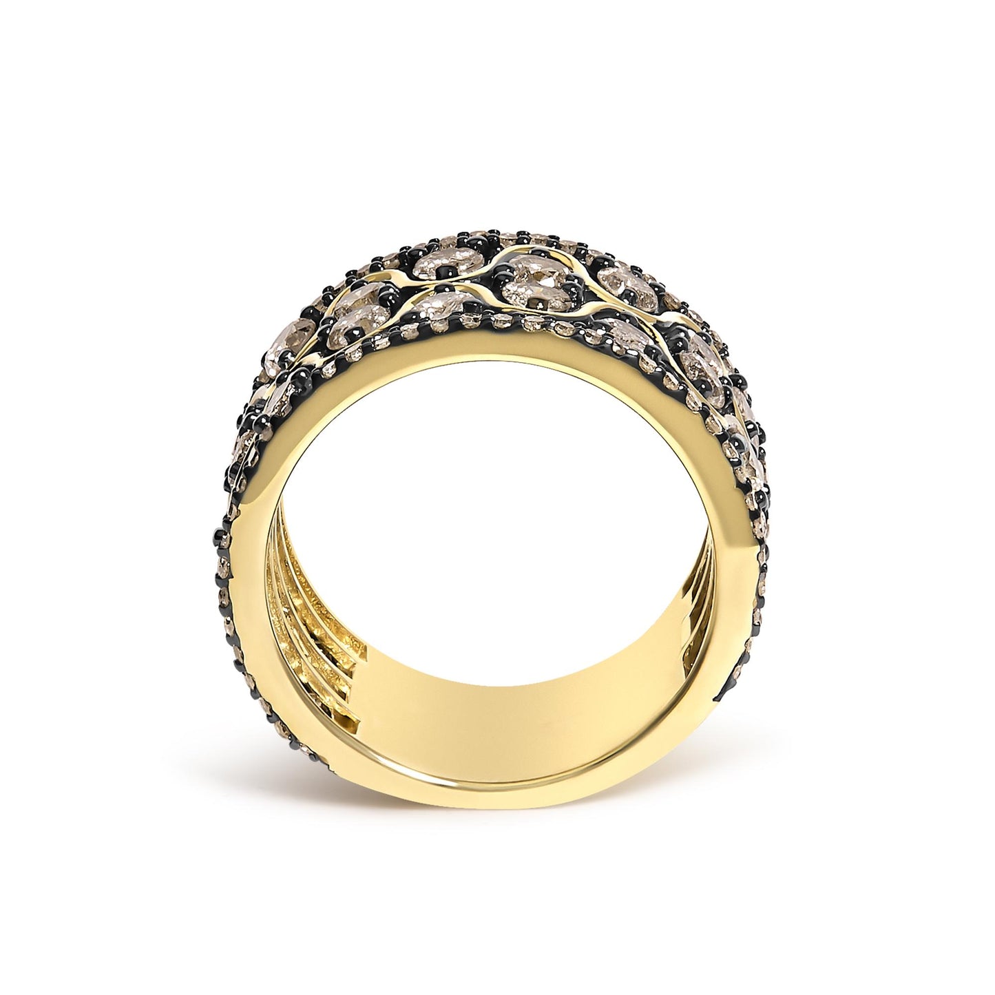 Close-up front angle of a yellow metal ring adorned with two sizes of round champagne-colored gemstones in prong settings arranged in a detailed pattern along the top and sides.
