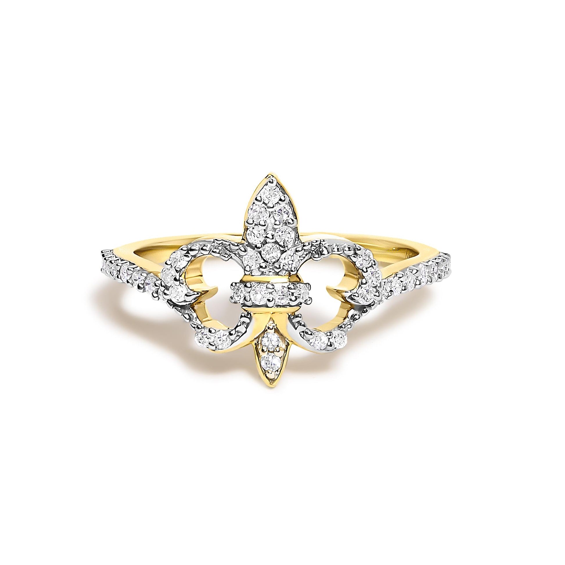 Close-up front view of a yellow metal ring featuring a fleur-de-lis design adorned with round white gemstones in prong settings.