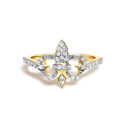 Close-up front view of a yellow metal ring featuring a fleur-de-lis design adorned with round white gemstones in prong settings.