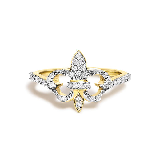 Close-up front view of a yellow metal ring featuring a fleur-de-lis design adorned with round white gemstones in prong settings.