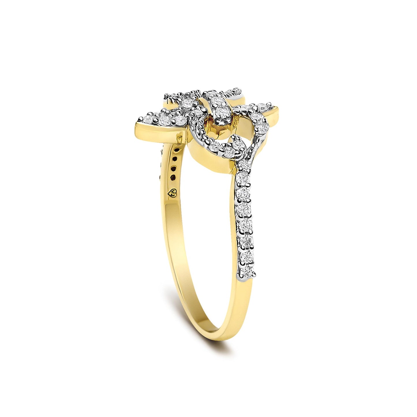 Close-up front angle of a yellow metal ring adorned with numerous round white gemstones set in prong settings along a floral-shaped design.