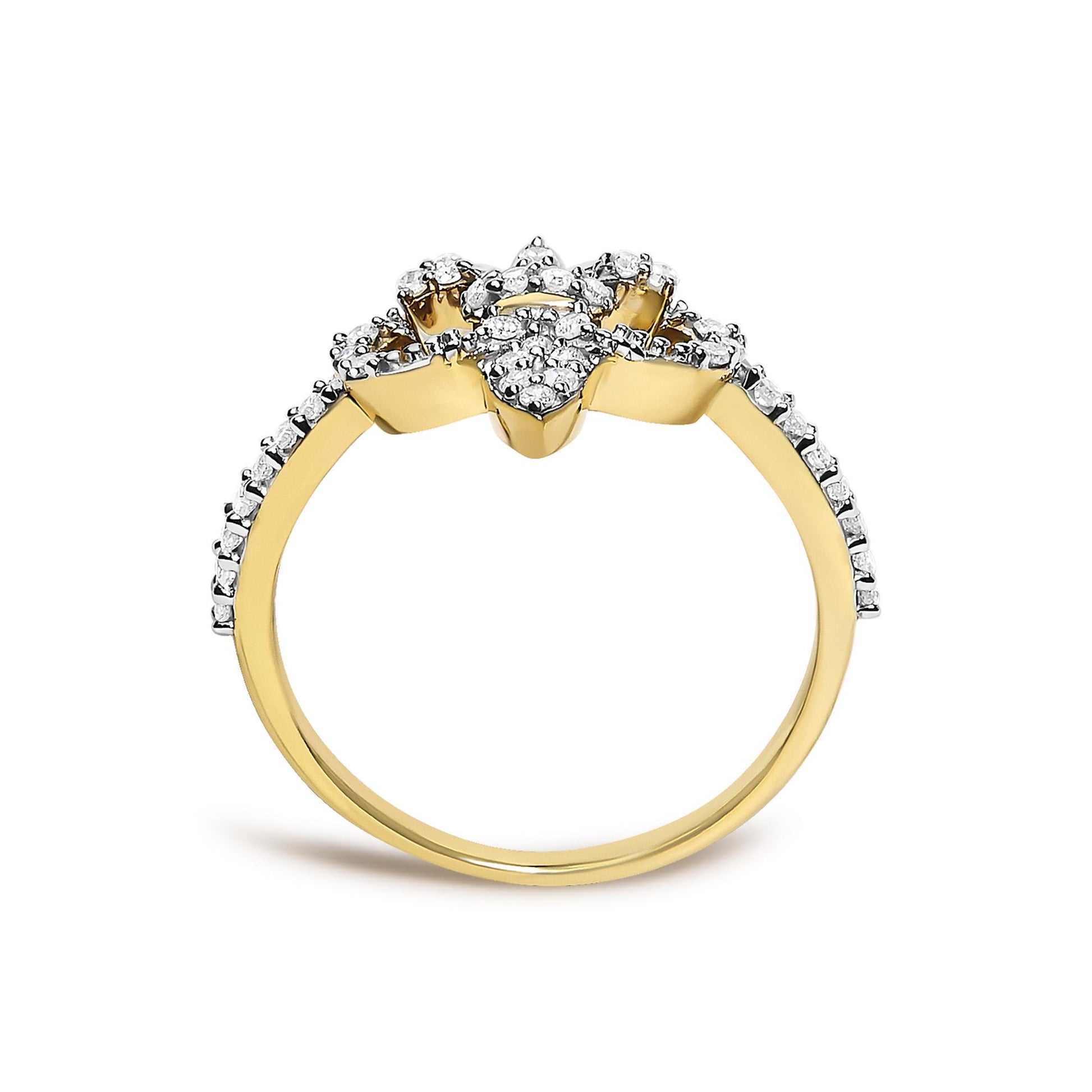 Close-up front view of a yellow ring with round white gemstones in prong settings along the band and cluster on top.