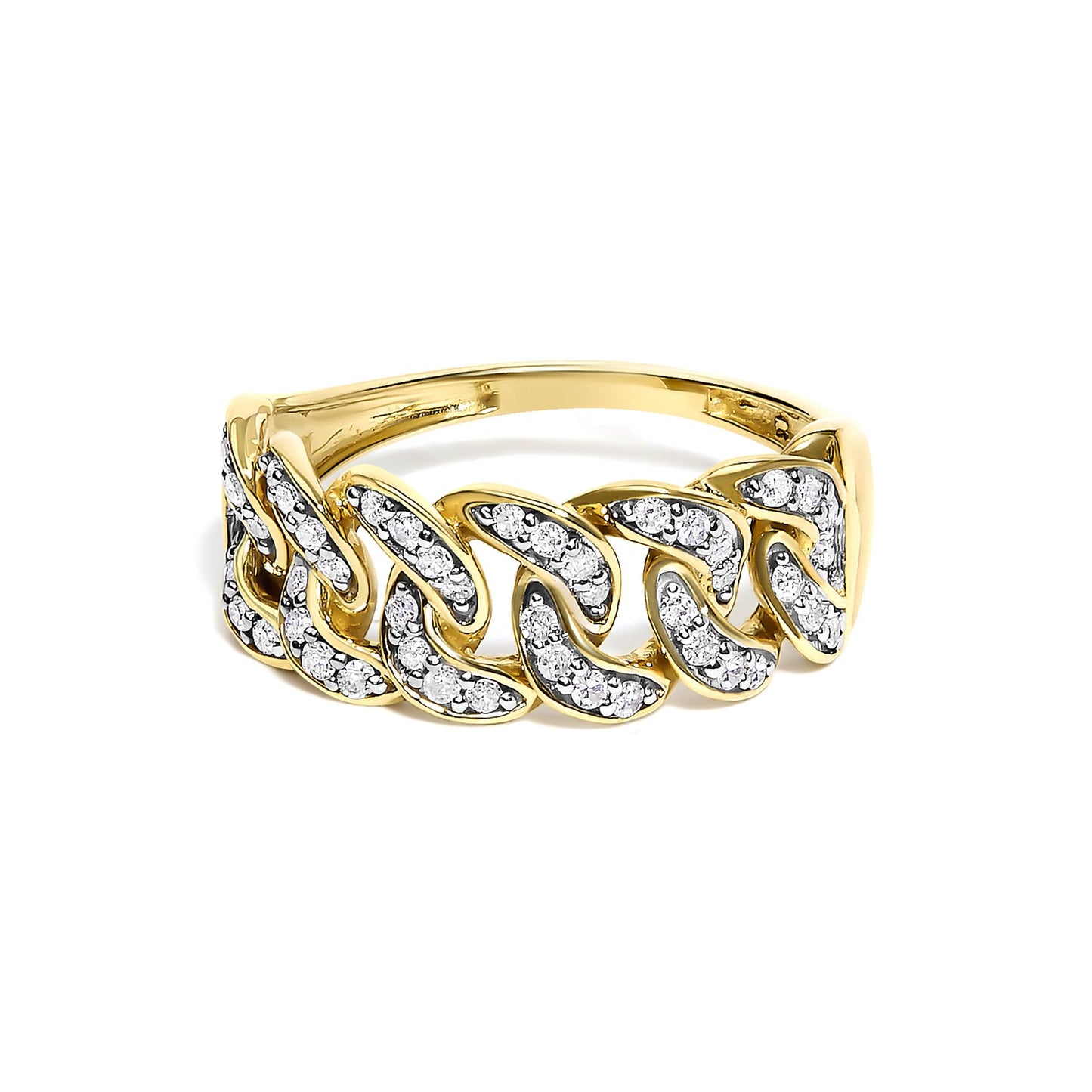 Close-up front angle of a yellow metal ring with an intricate intertwined design featuring multiple white round gemstones in prong settings.