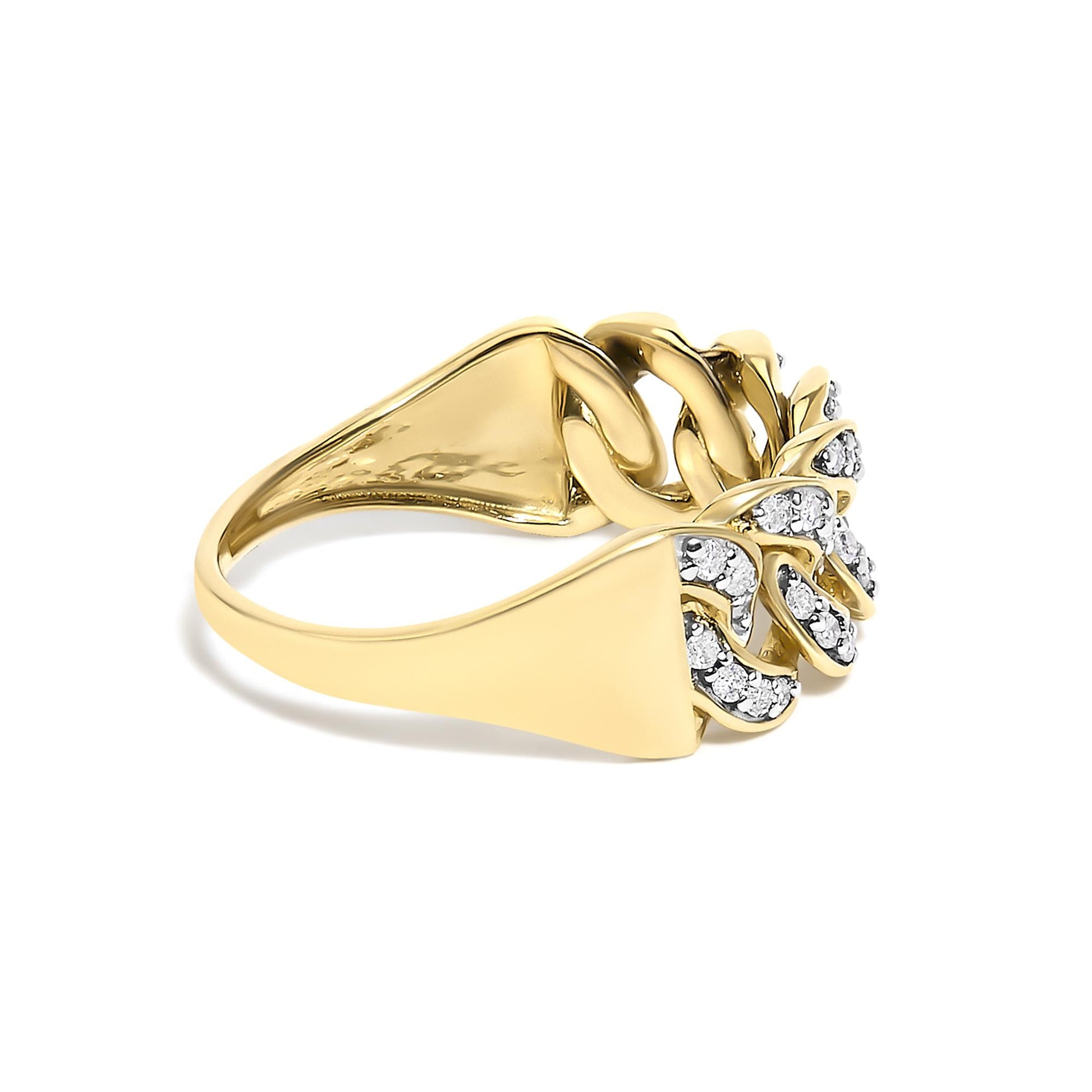 Close-up angled view of a yellow ring featuring an intricate design with white round-shaped gemstones in prong settings.
