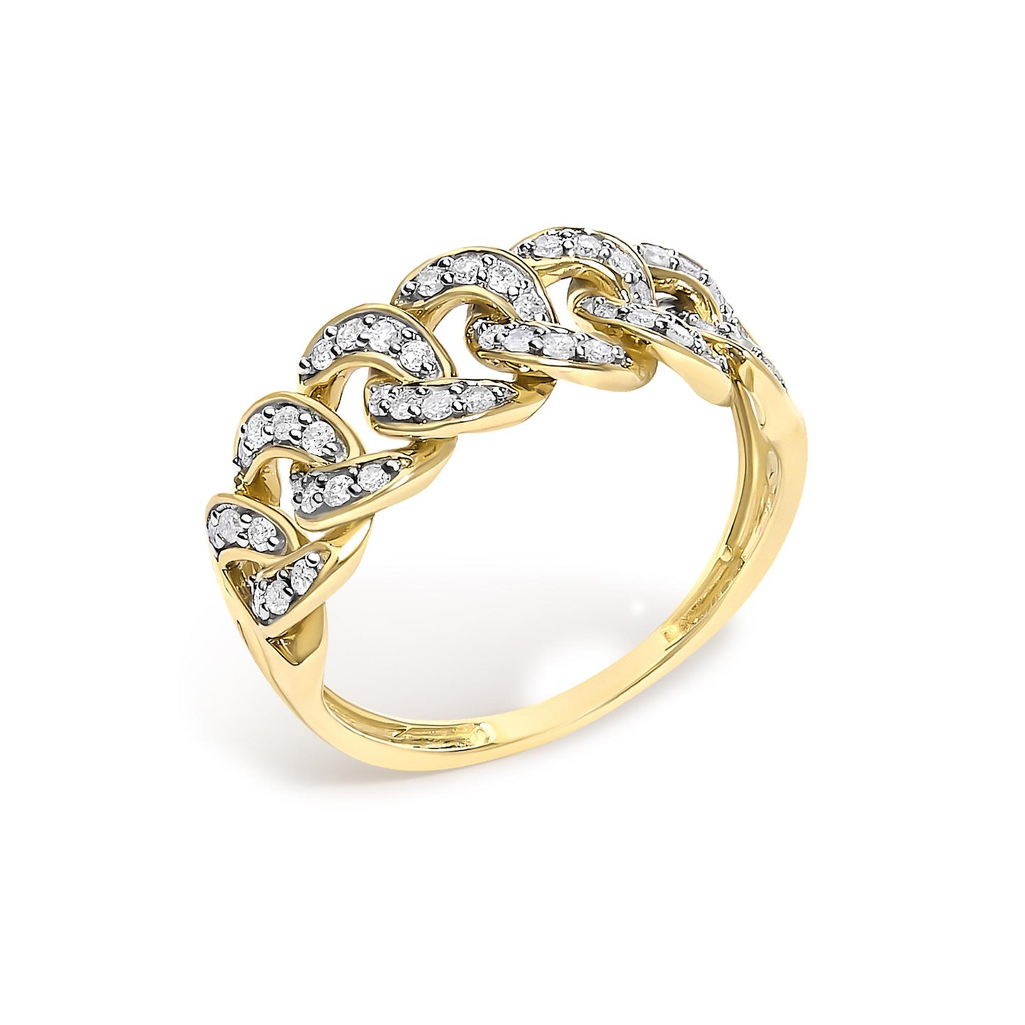 Close-up front angle of a yellow metal ring designed with linked chain shapes, each adorned with round white gemstones in prong settings.