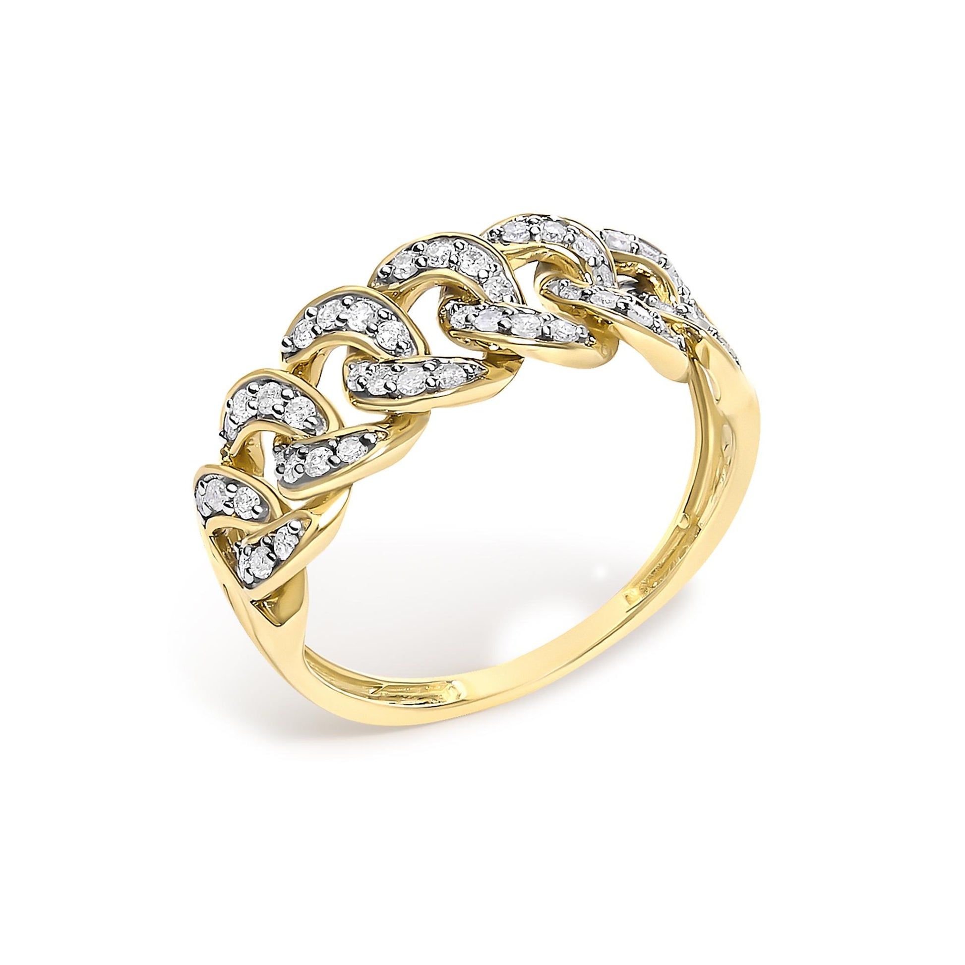 Close-up front angle of a yellow metal ring designed with linked chain shapes, each adorned with round white gemstones in prong settings.