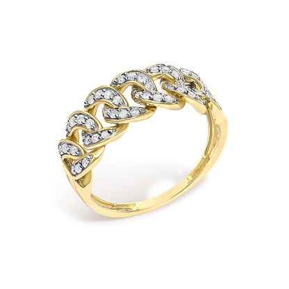 Close-up front angle of a yellow metal ring designed with linked chain shapes, each adorned with round white gemstones in prong settings.