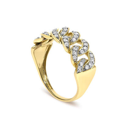 Close-up front angle of a yellow ring featuring a linked design with multiple white round gemstones in prong settings.