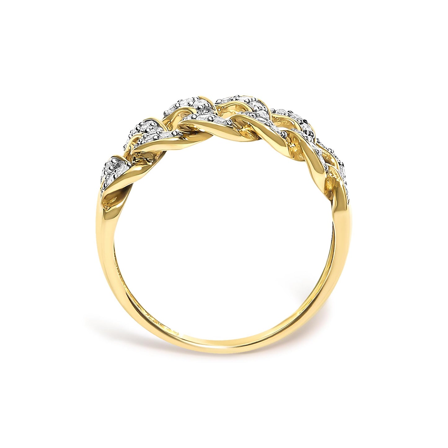 Close-up front angle of a yellow metal ring with an intertwined design featuring numerous small round white gemstones set in prongs along the twists.
