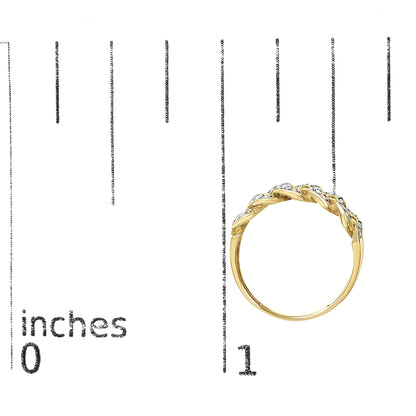 Yellow ring with twisted design and white round gemstones in prong settings, shown on a scale, front angle.