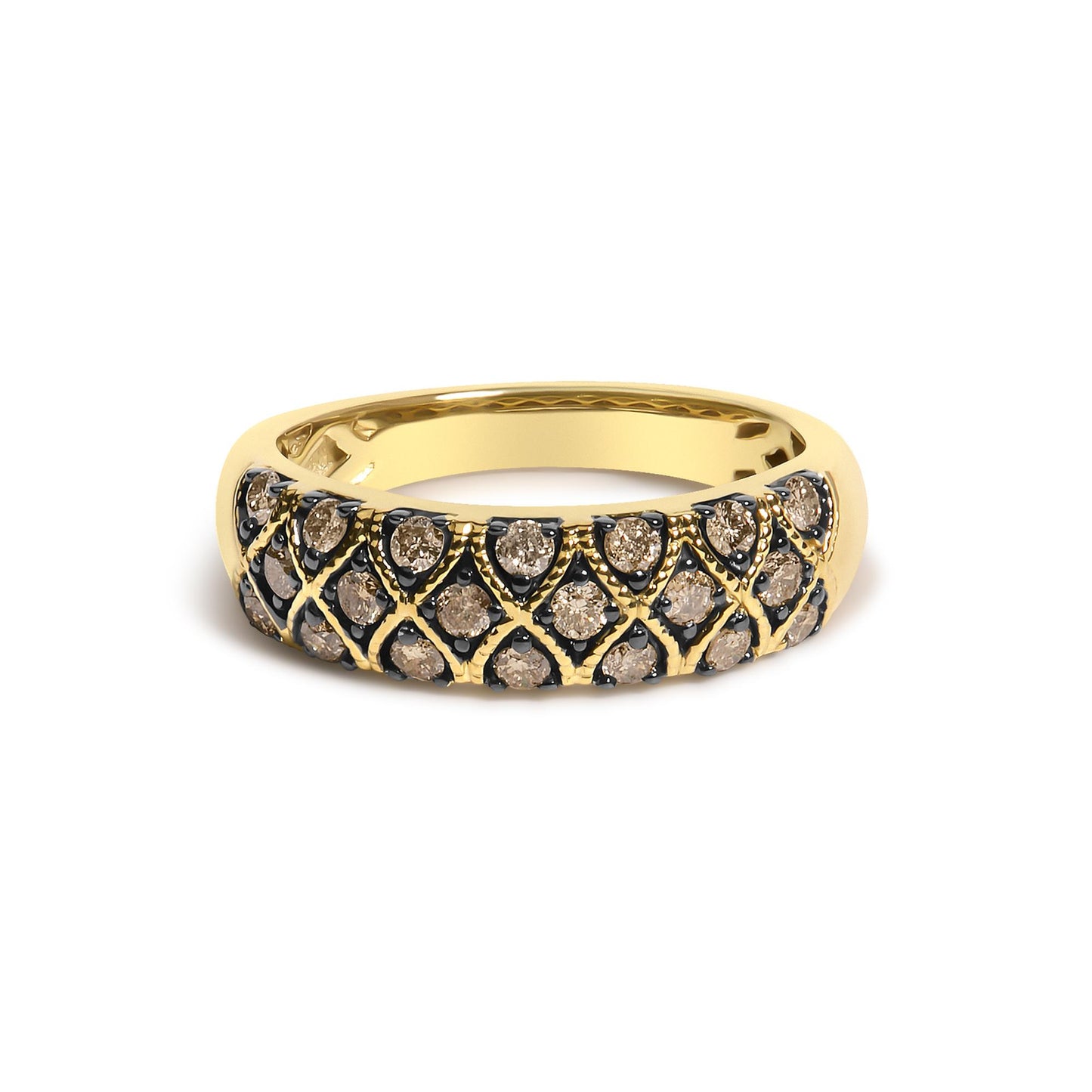 Close-up front angle of a yellow ring featuring round champagne-colored gemstones in prong settings arranged in a patterned design.