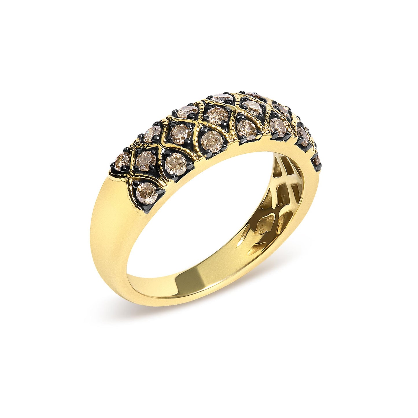 Close-up side angle of a yellow ring featuring multiple round champagne-colored gemstones in prong settings with black accents.