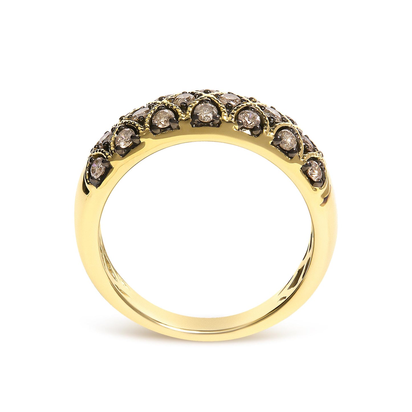 Close-up front view of a yellow ring featuring round champagne-colored gemstones set in prong settings along the band.