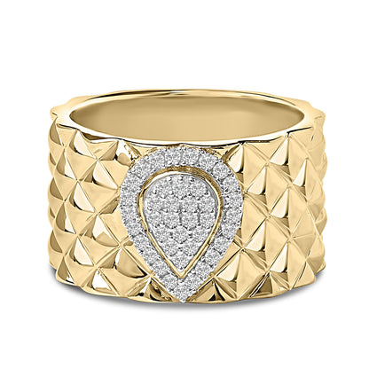 Close-up front view of a wide yellow metal ring with a textured pattern and a teardrop-shaped cluster of round white gemstones in prong setting on the top.