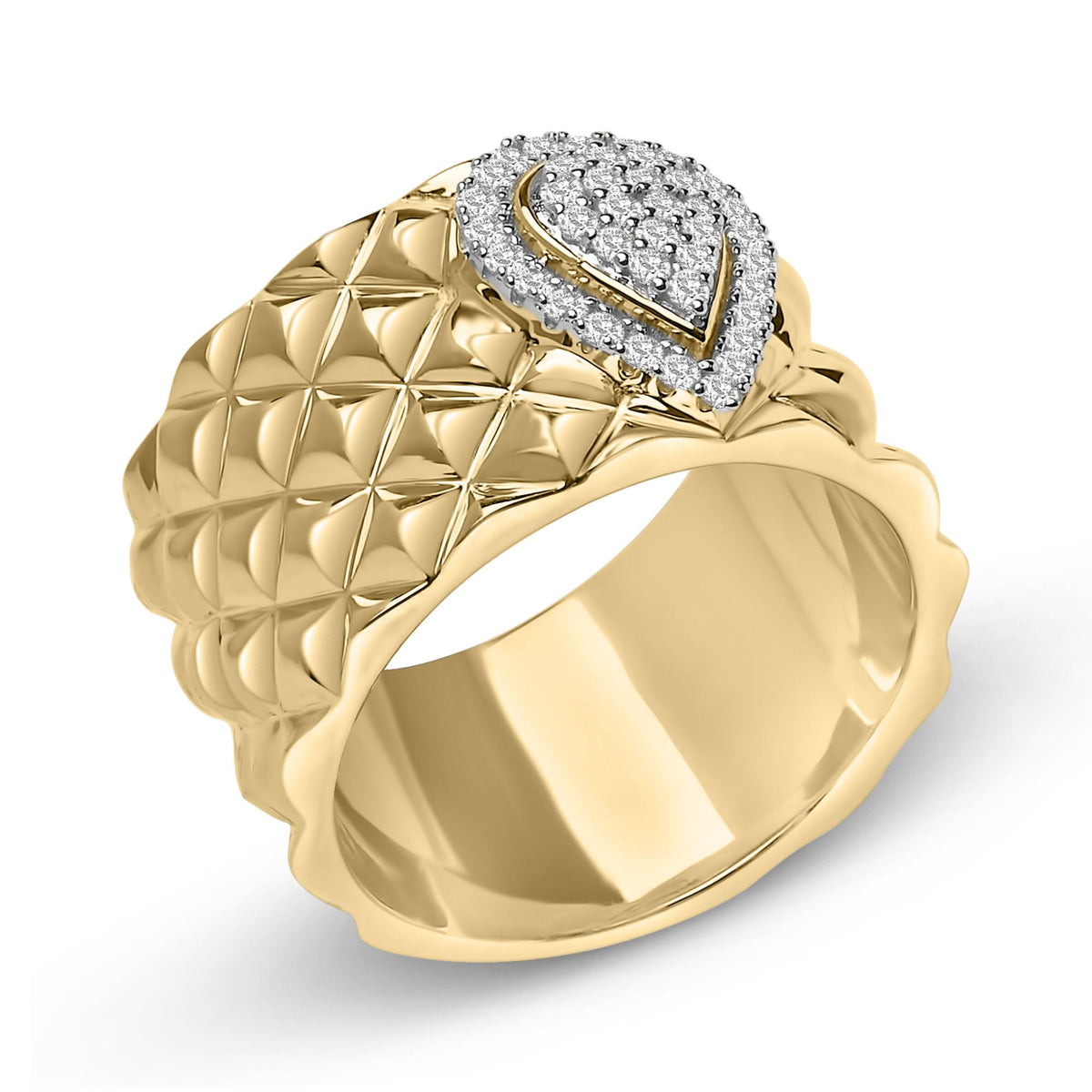 Close-up angled view of a yellow metal ring with a textured band and a pear-shaped cluster of white round prong-set gemstones on top.