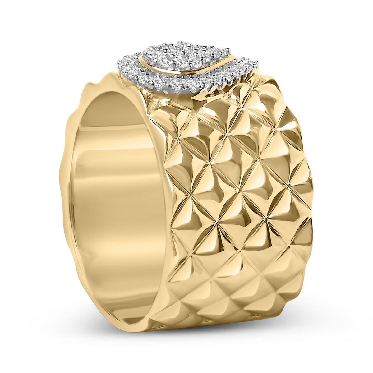 Yellow ring with textured band and cluster of round white gemstones in prong setting on top, shown in close-up angled view.