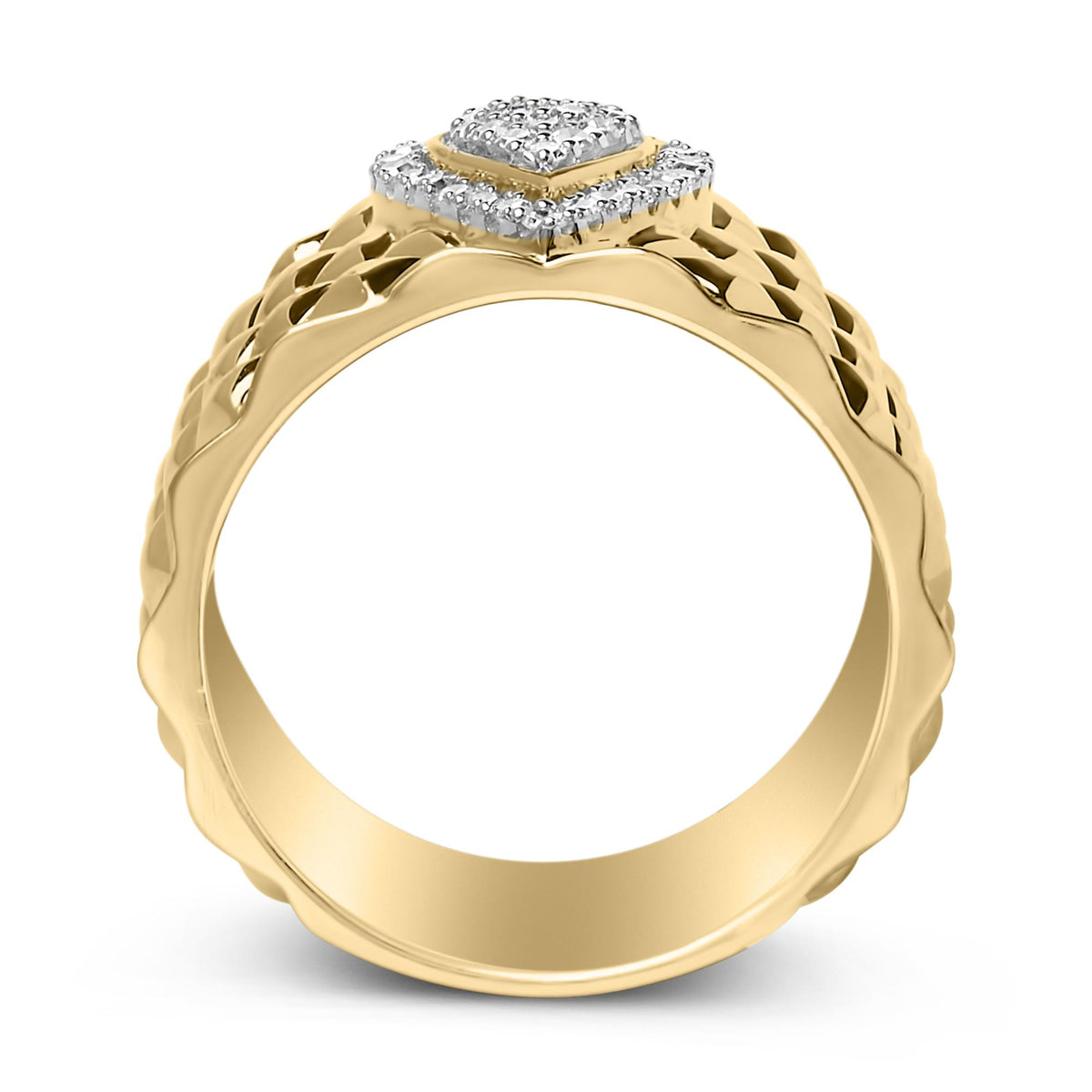 Close-up side angle of a yellow metal ring with a square-shaped cluster of white round gemstones in prong settings on top, featuring a braided band design.