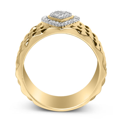 Close-up side angle of a yellow metal ring with a square-shaped cluster of white round gemstones in prong settings on top, featuring a braided band design.
