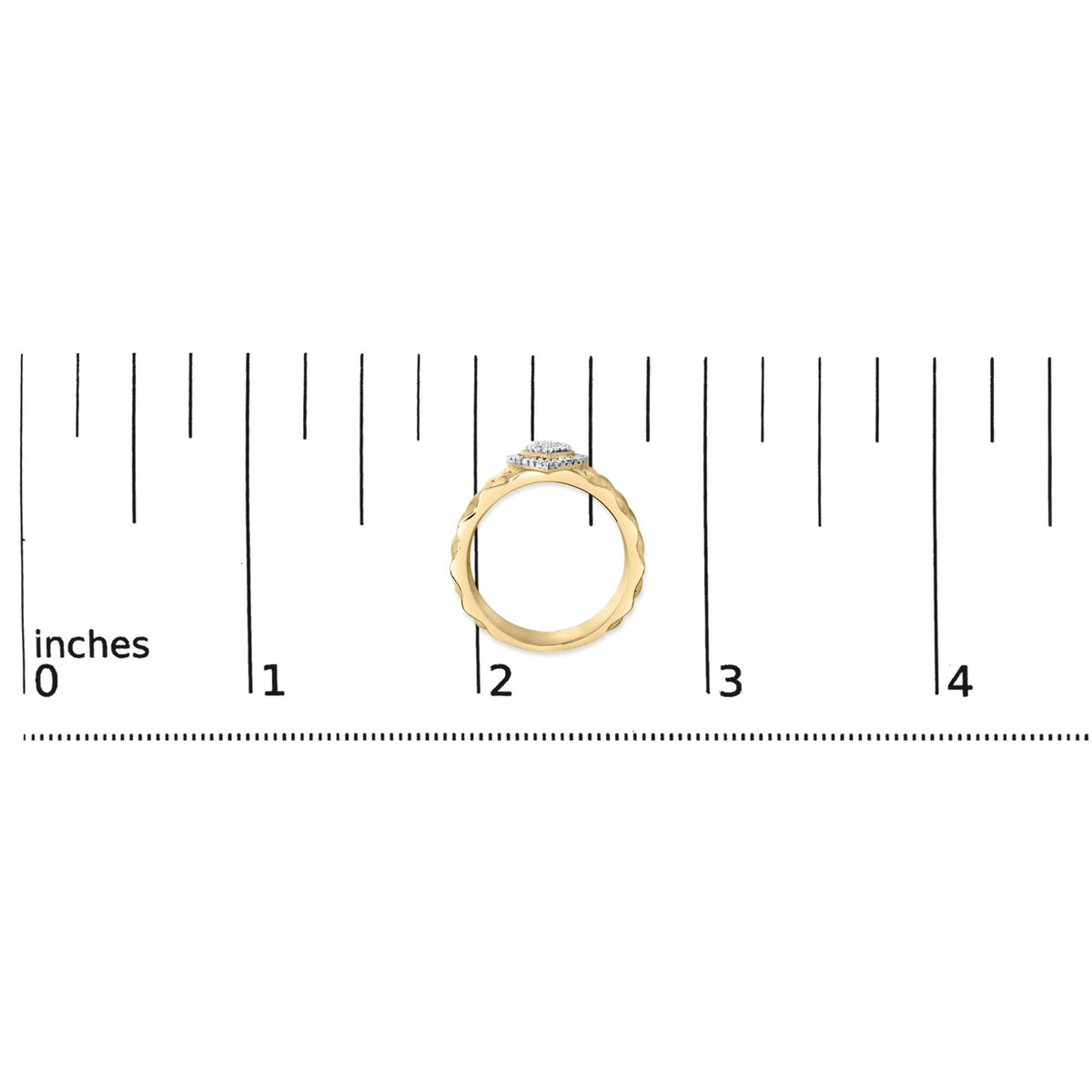 Yellow ring with round white gemstones in prong setting on top, shown on a measurement scale, front facing view.