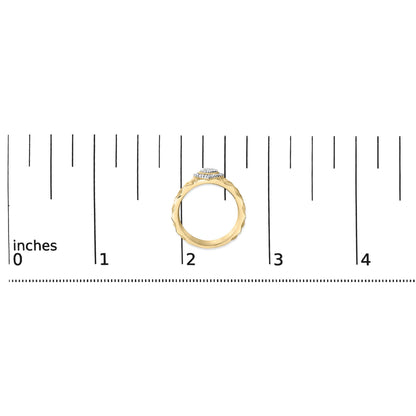 Yellow ring with round white gemstones in prong setting on top, shown on a measurement scale, front facing view.