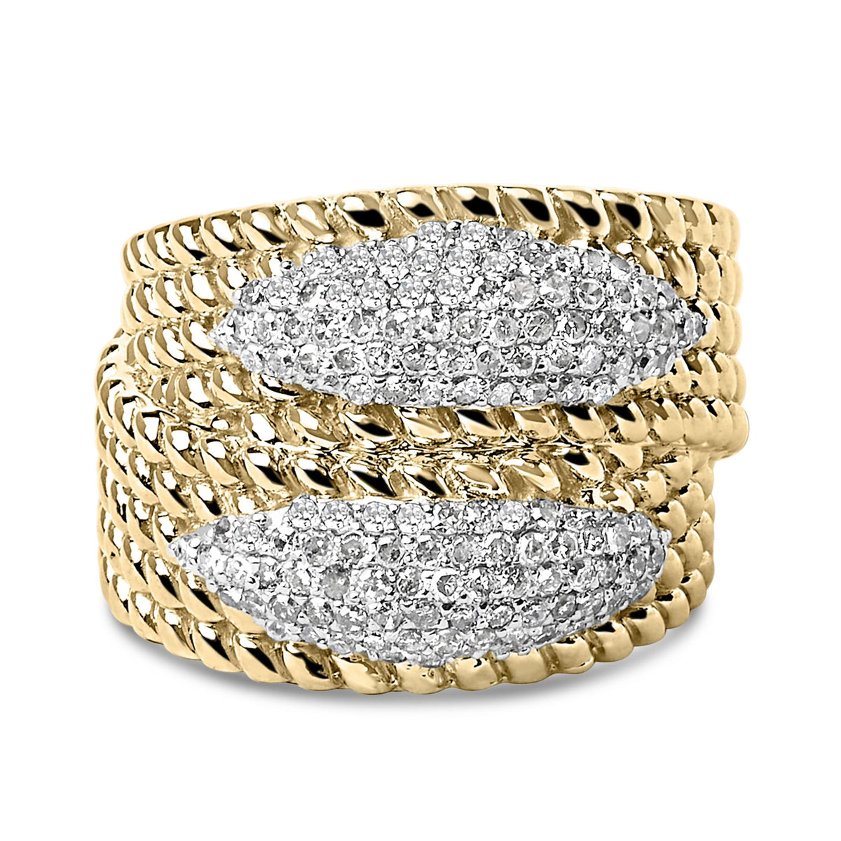 14K Yellow Gold Plated Silver 1.0 Cttw Diamond Cluster Crossover Ring Band